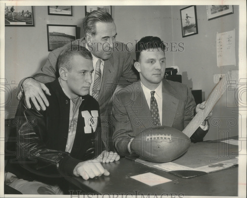 1955 Press Photo Lou Saban, Ted Payseur,,other, check over list of candidates.- Historic Images