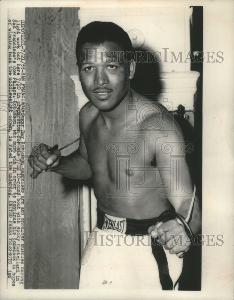 1955 Press Photo Middleweight Boxer Sugar Ray Robinson Works Out Upper Body - Historic Images