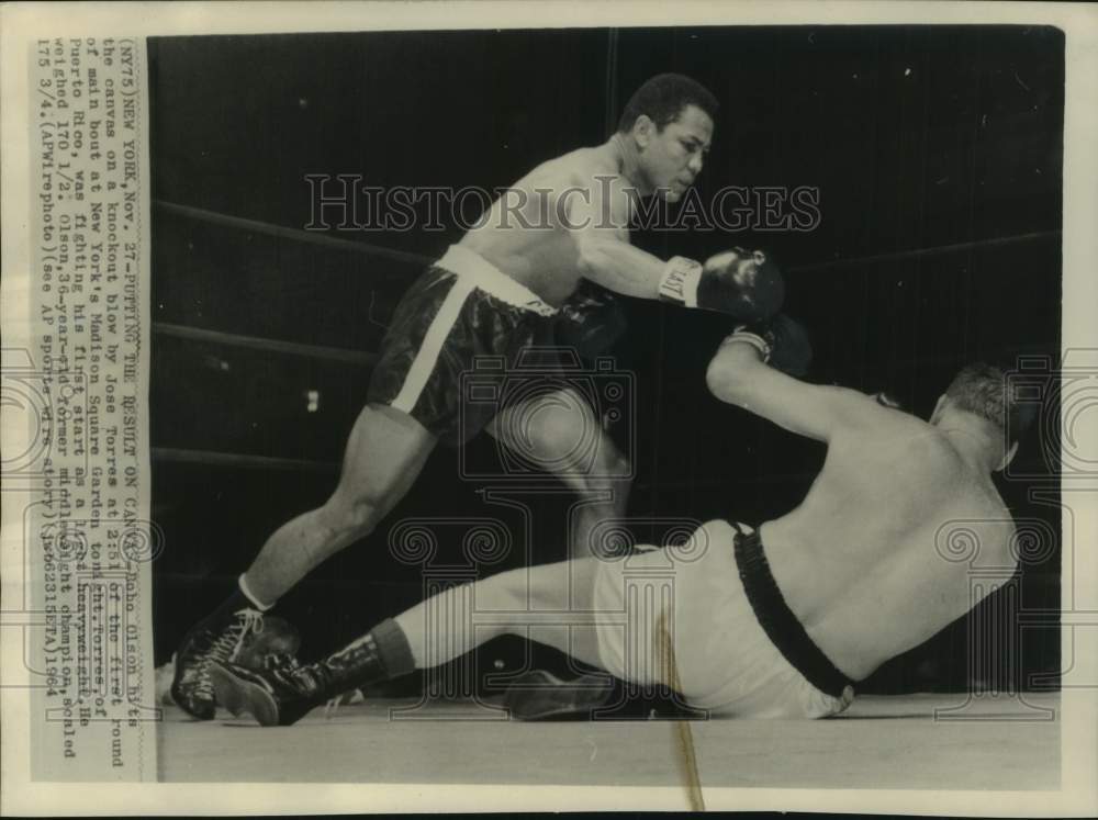 1964 Press Photo Boxer Jose Torres knocks Carl &quot;Bobo&quot; Olson out during bout- Historic Images