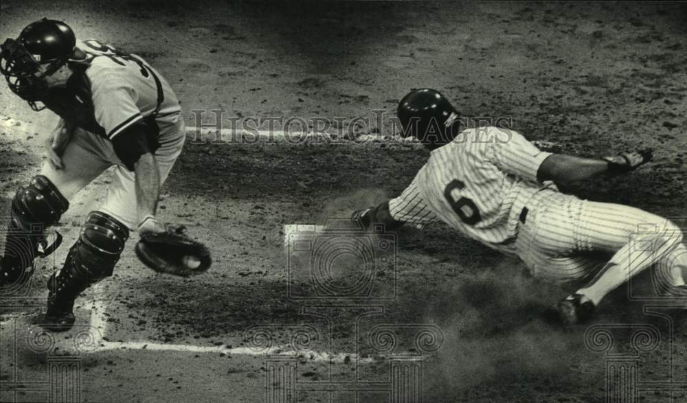 1991 Brewers baseball&#39;s Bill Spiers slides past Matt Nokes - Historic Images