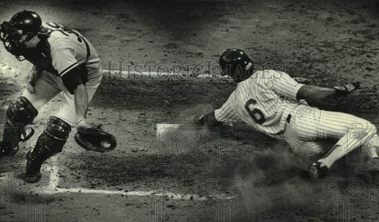 1991 Brewers baseball's Bill Spiers slides past Matt Nokes - Historic Images