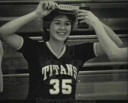 1983 Stephanie Hluchnik, Coach Bob Hessler's basketball player - Historic Images