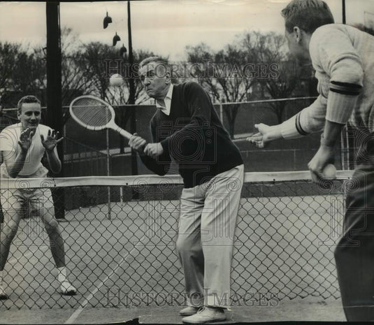 1955 Actor Edward Evertt Horton plays tennis at McKinley beach court - Historic Images