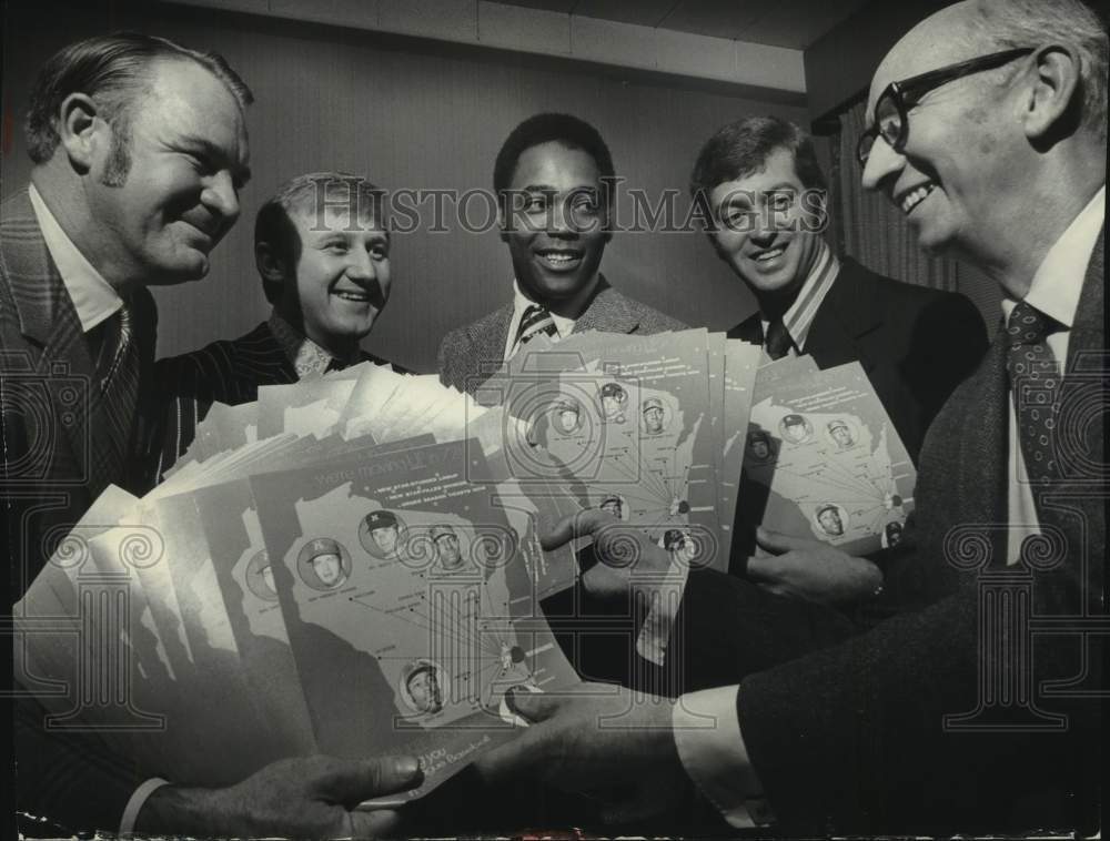 1972 Brewers Coach Kuenn and player put on a season ticket drive - Historic Images