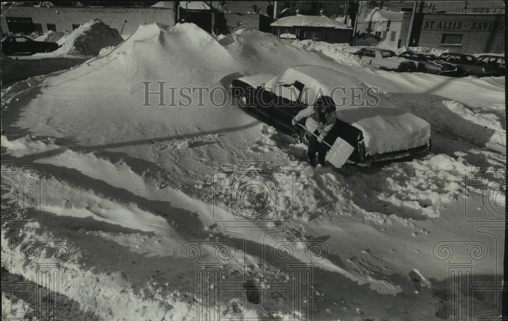 1979 West Allis, Wisconsin's Susie Trudell Clearing Snow For Her Car - Historic Images