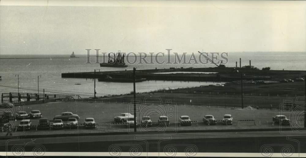 1957 Press Photo Construction of the new passenger pier in Milwaukee Harbor. - Historic Images