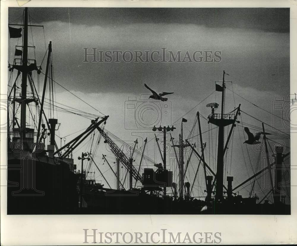 1968 Press Photo Gulls glide over cargo ship booms and masts at Jones Island. - Historic Images