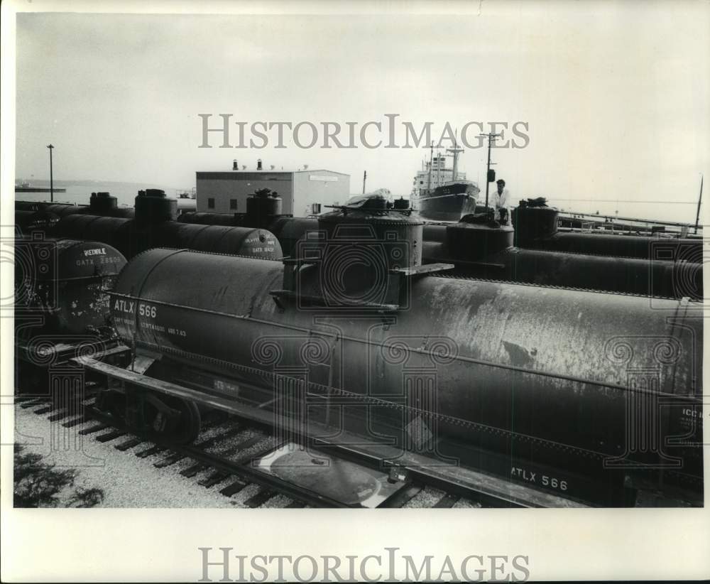 1965 Press Photo Animal fat from railroad cars are loaded into the Japanese ship - Historic Images