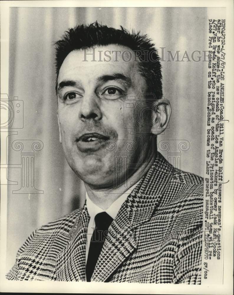 1967 Press Photo Bill Van Breda Kolff named coach of the Los Angeles Lakers.- Historic Images