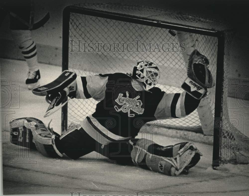 1988 Press Photo Frank Pietrangelo tries to stop shot by Admirals' Paul Lawless.- Historic Images