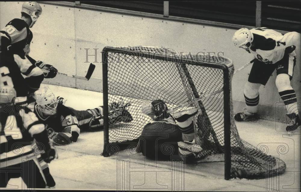 1984 Press Photo Puck didn&#39;t reach the net, but Randy Boyd of the Admirals did. - Historic Images