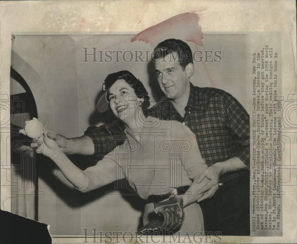 1957 Press Photo Don Larson Gives Bride-To-Be Lesson On Pitching In Benson - Historic Images