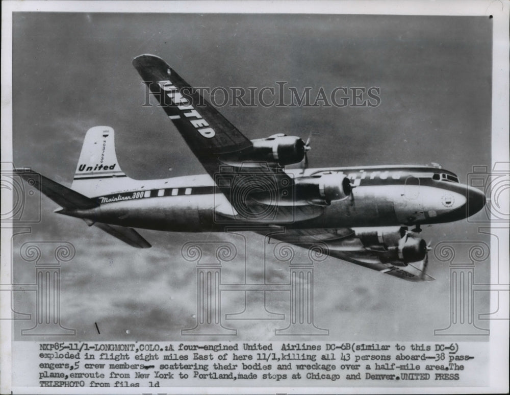 1955 Press Photo United Airlines exploded in flight east of Longmont, Colorado. - Historic Images
