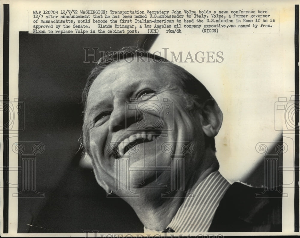1972 Press Photo Transportation Secretary John Volpe Named Ambassador to Italy - Historic Images