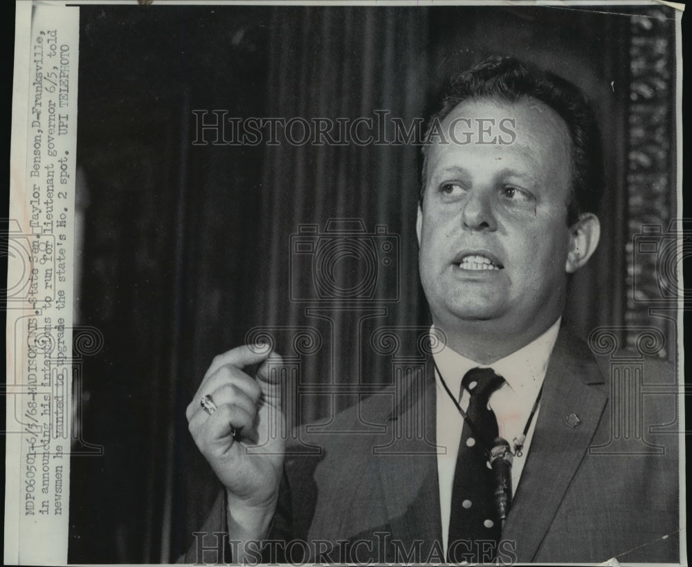 1968 Press Photo Wisconsin senator Benson announces run for lieutenant governor - Historic Images