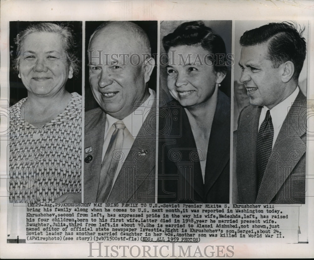 1959 Press Photo Nikita S.Khrushchev, wife Nadezhda, daughter Julia, son, Sergei - Historic Images