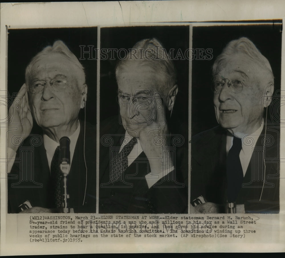 1955 Press Photo Stateman Elder Baruch speaks before Senate Banking committee - Historic Images