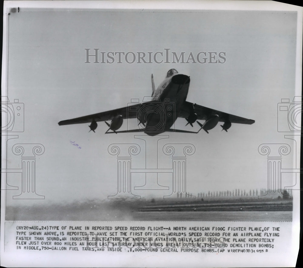 1955 Press Photo F100C fighter plane breaks speed record - mjw00319 - Historic Images