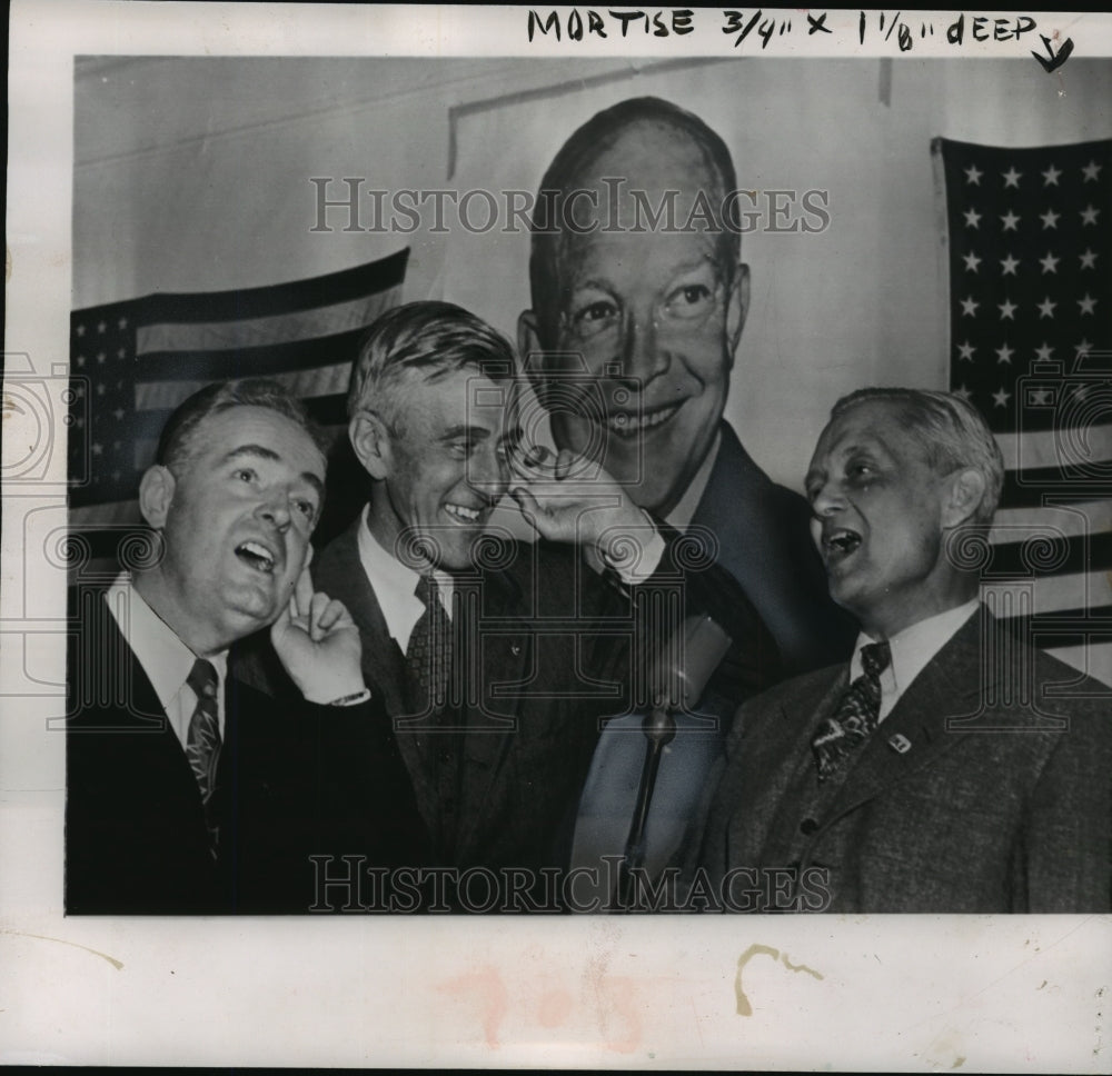 1952 Press Photo Sherman Adams, Fred Waring &amp; Senator Saltonstall sing at rally - Historic Images