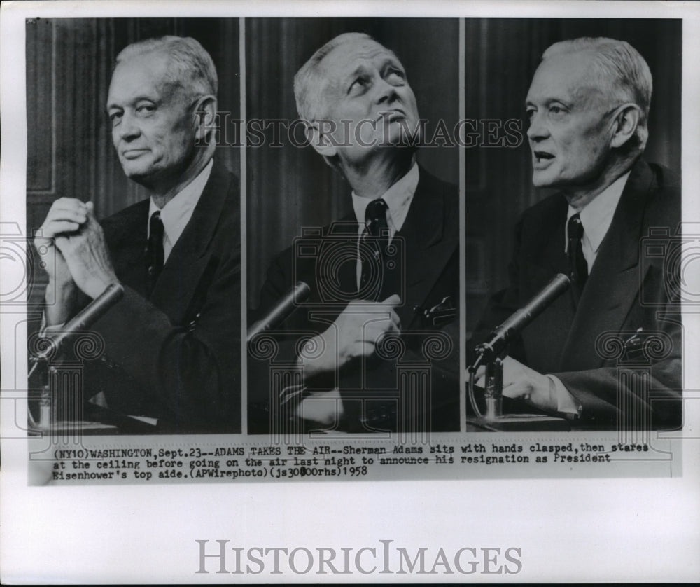1958 Press Photo Sherman Adams on air to resign as Eisenhower's aide, Washington - Historic Images