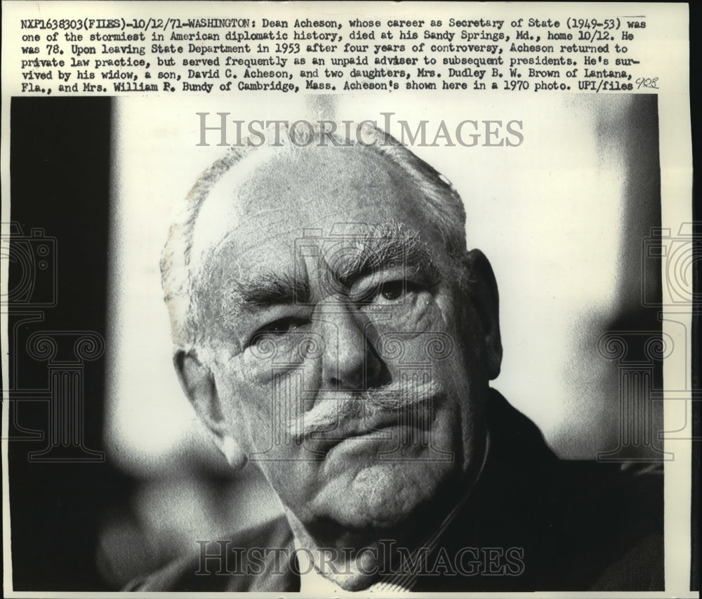 1970 Press Photo Secretary of State Dean Acheson Died age 87, Sandy Springs, Md.- Historic Images