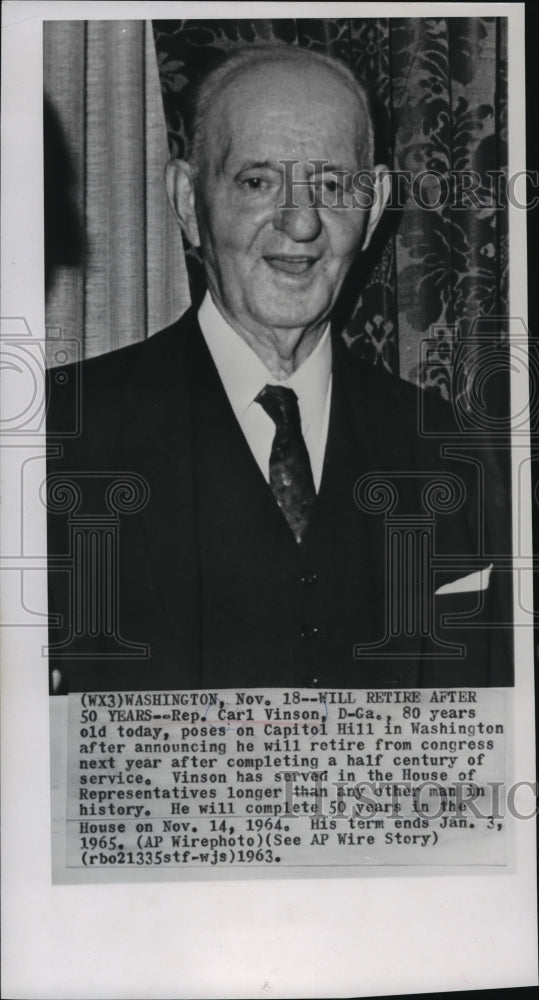 1963 Press Photo Rep Carl Vinson D-Ga will Retire after 50 yrs, Washington, DC - Historic Images