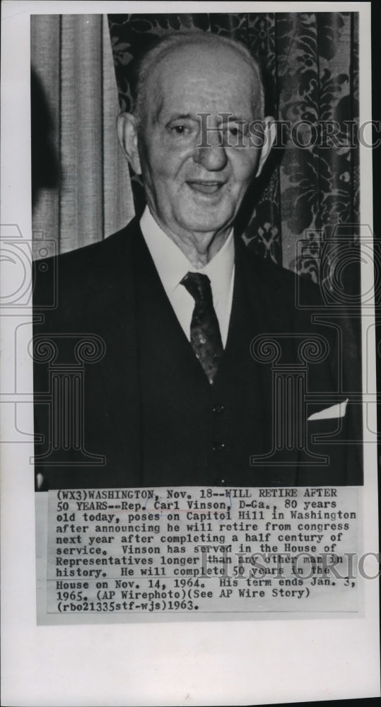 1963 Press Photo Rep Carl Vinson D-Ga will Retire after 50 yrs, Washington, DC - Historic Images