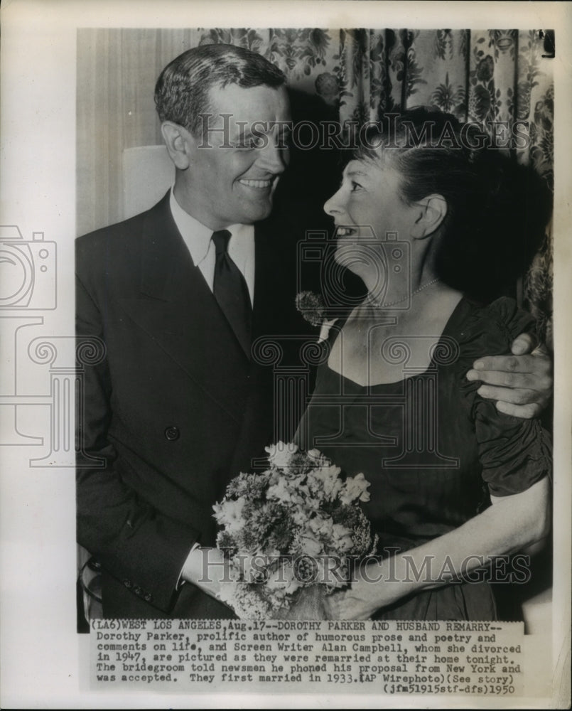 1950 Press Photo Dorothy Parker Re-marries Alan Campbell, Los Angeles Ca - Historic Images