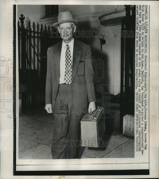 1958 Press Photo Sherman Adams, aide to President Eisenhower, leaves White House - Historic Images