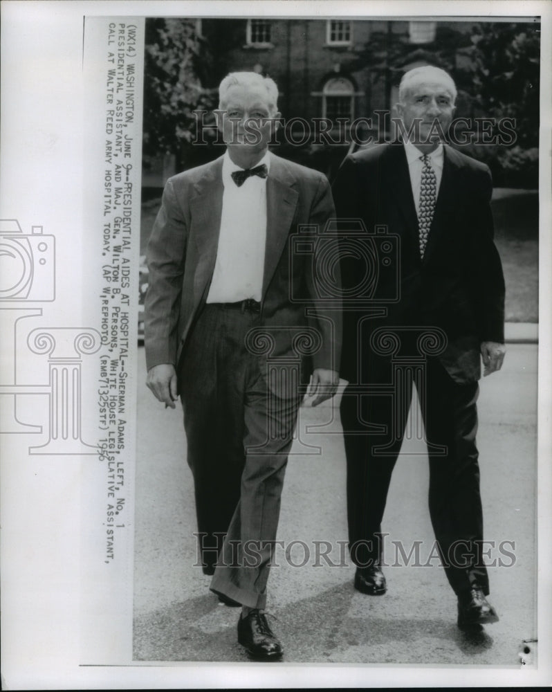 1956 Press Photo Sherman Adams and Maj. Gen Wilton B. Persons, visit Walter Reed-Historic Images