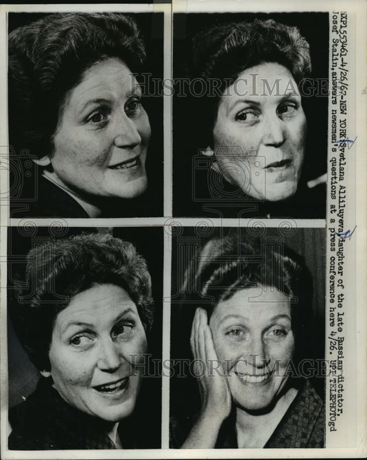 1967 Press Photo Svetlana Alliluyeva answers press questions in New York- Historic Images