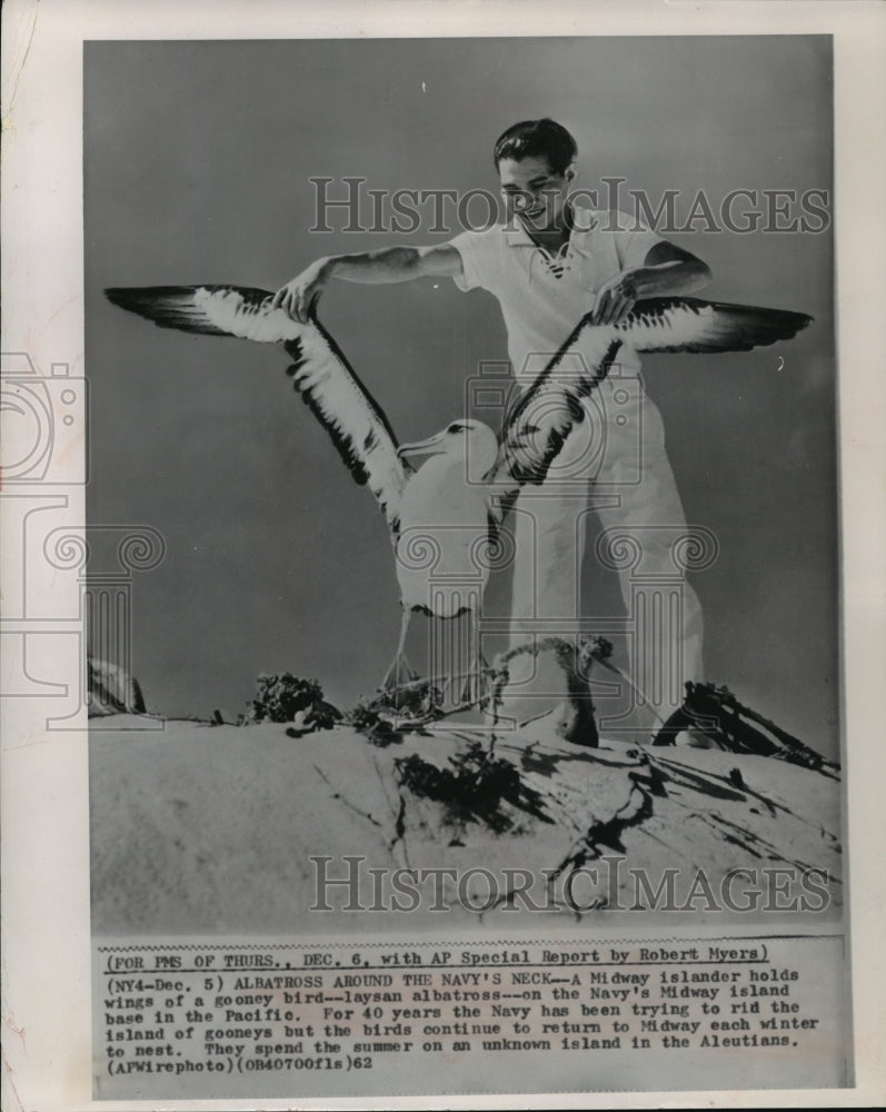 1962 A Midway islander holds wings of a gooney bird--laysan albatros - Historic Images