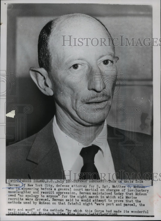 1956 Press Photo Emile Zola Berman, Defense Attorney for S. Sgt. Matthew McKeon - Historic Images