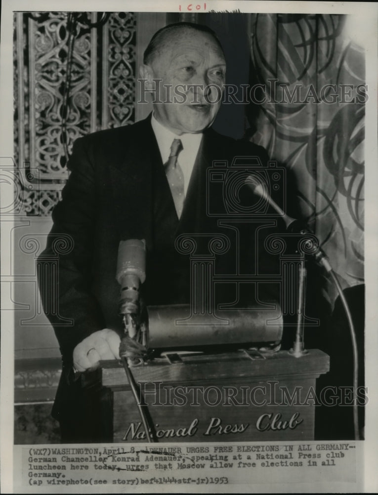 1953 Press Photo Chancellor Konrad Adenauer at National Press club luncheon - Historic Images