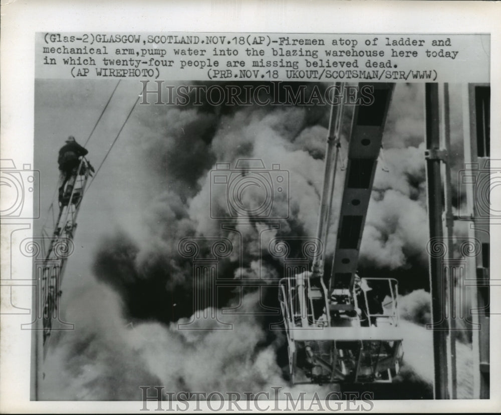 1968 Press Photo Firemen Fight Warehouse Fire, Glascow, Scotland - mjw01494 - Historic Images