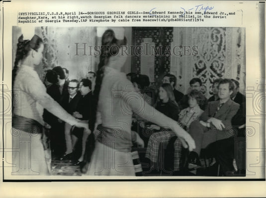 1974 Sen. Edward Kennedy with son and daughter watch Dancers, USSR - Historic Images