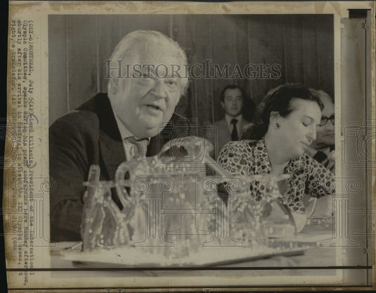 1976 Lord Killanin with translator at Press Conference, Montreal - Historic Images
