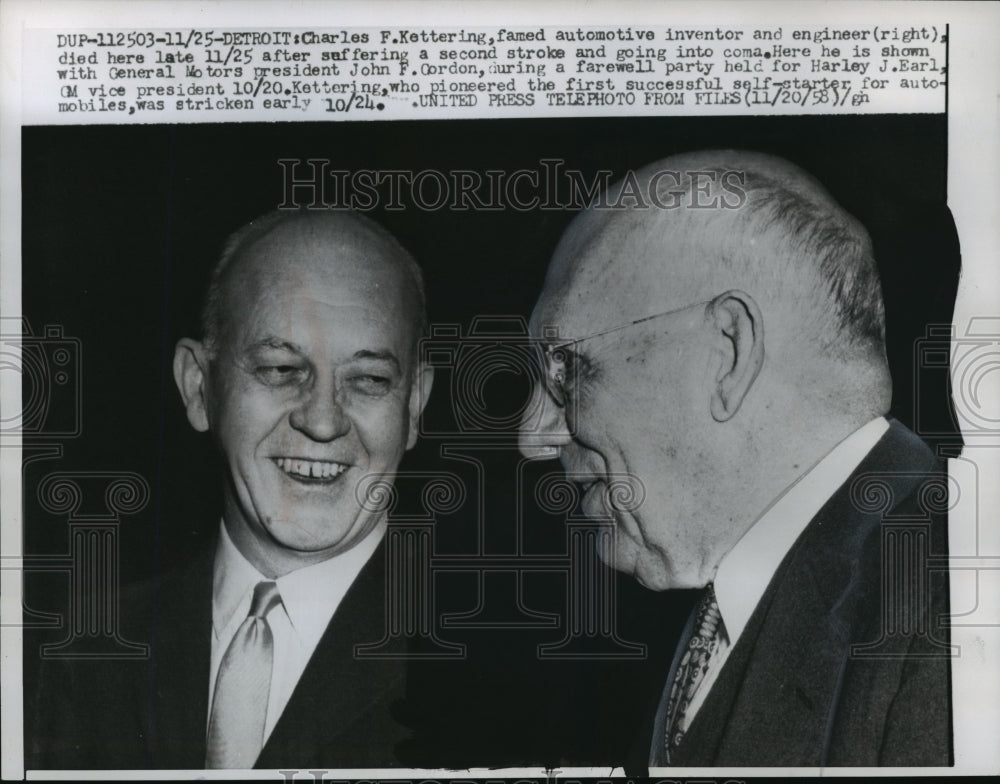 1958 Press Photo Inventor Charles F. Kettering with GM President. John R. Gordon- Historic Images