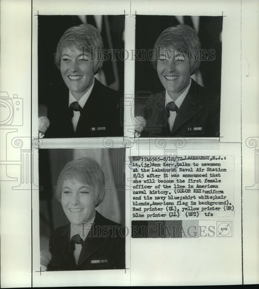 1972 Press Photo Lt. (jg) Ann Kerr talks to newsmen, Lakehurst Naval Air Station - Historic Images