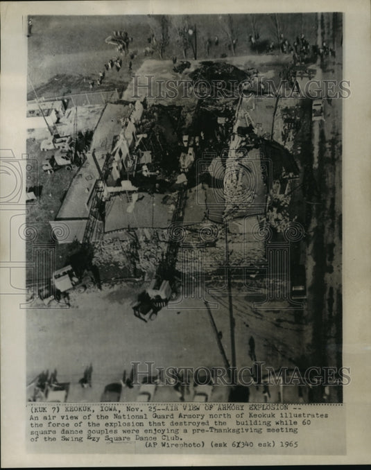 1965 Aerial view of National Guard Armory after explosion, Keokuk IA - Historic Images