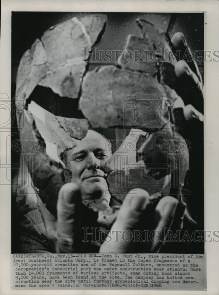 1968  John C. Hunt Junior, holds Urn found at construction site-Historic Images