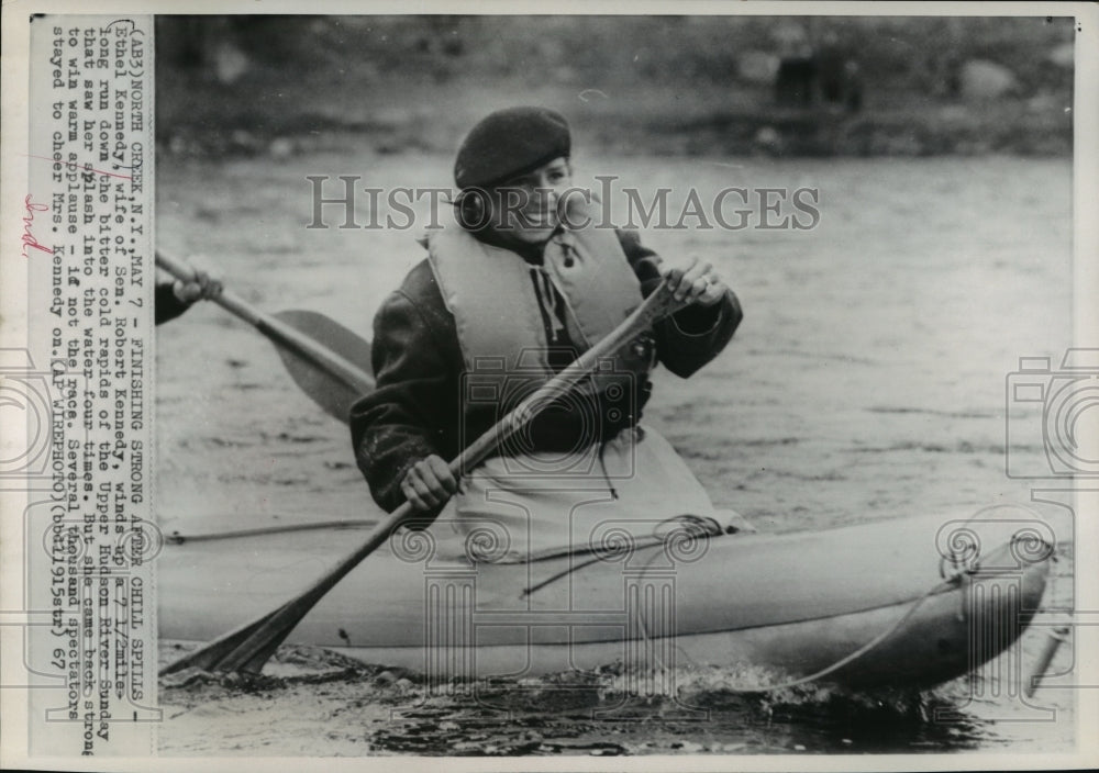 1967 Ethel Kennedy paddles her way along the cold upper Hudson River - Historic Images