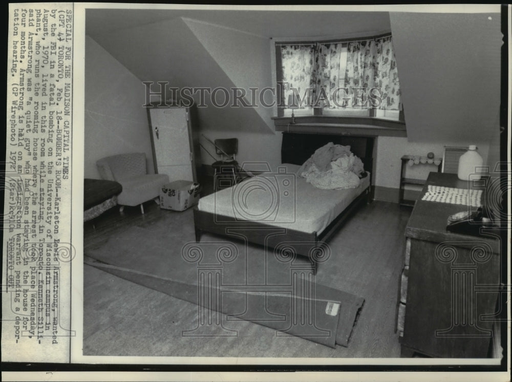 1972 Press Photo Toronto room where bomber Karleton Lewis Armstrong was staying - Historic Images