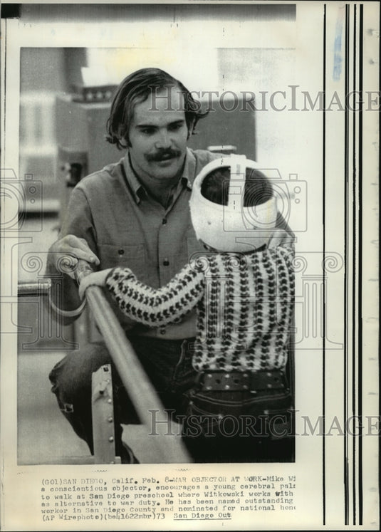 1973 War objector Mike Witkowski works at a San Diego preschool - Historic Images