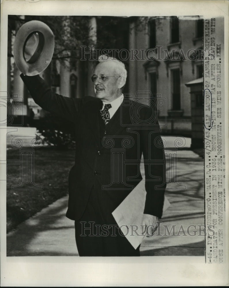 1943 Alf Landon waving his hat while leaving White House meeting - Historic Images