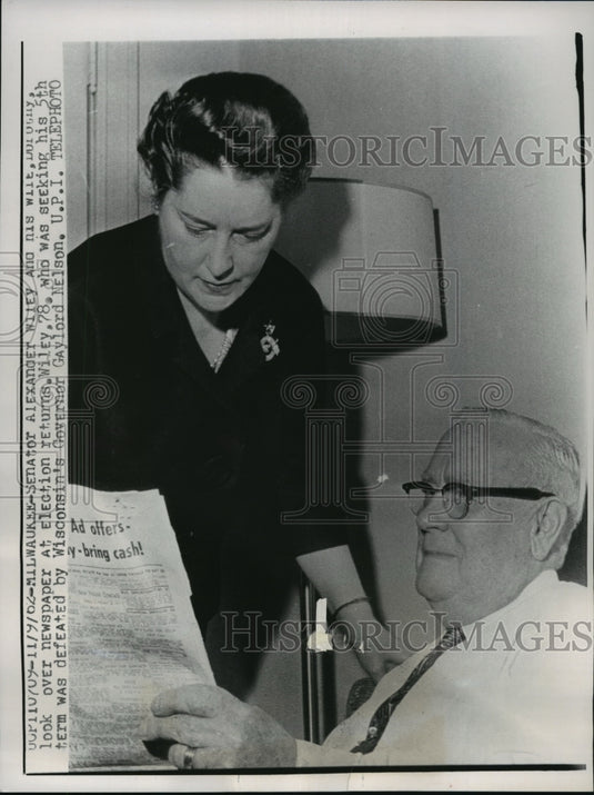 1962 Wisconsin Senator Alexander Wiley & wife check election returns - Historic Images