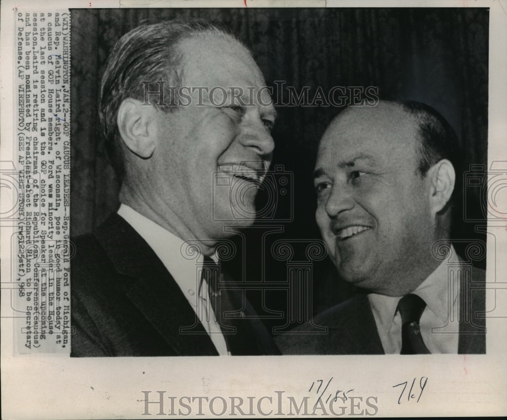 1968 Press Photo Representatives Gerald Ford and Melvin Laird, GOP House caucus - Historic Images