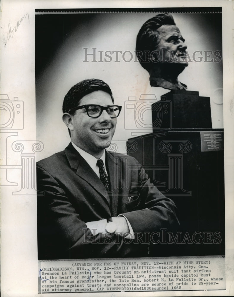 1965 Bronson La Follette Beside Bust Of Grandfather In Wisconsin-Historic Images