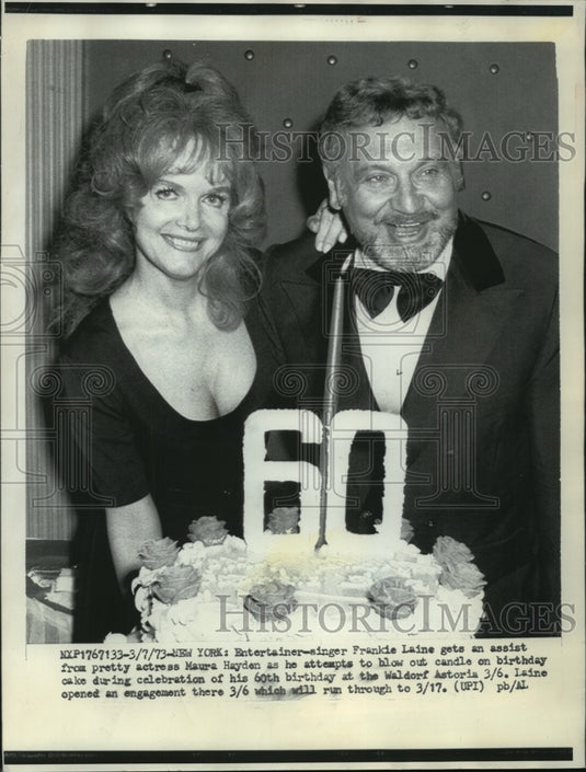 1973 Press Photo Frankie Laine celebrates birthday with Maura Hayden, New York - Historic Images