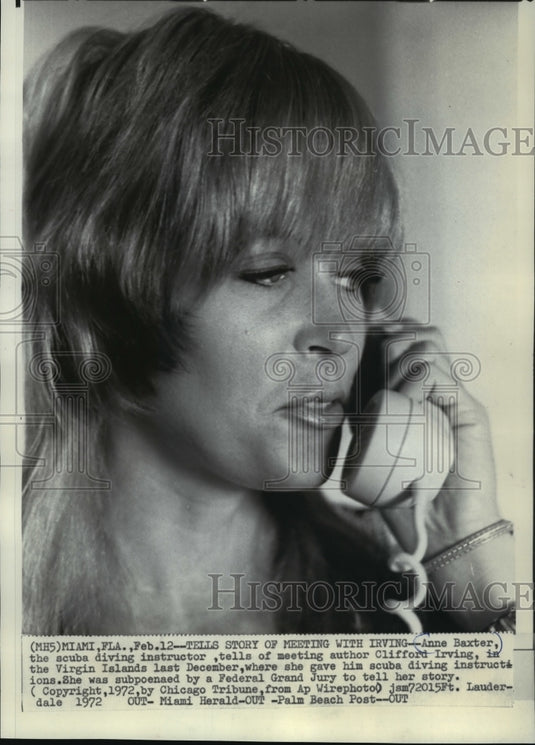 1972 Press Photo Anne Baxter, scuba diving instructor subpoenaed by jury - Historic Images